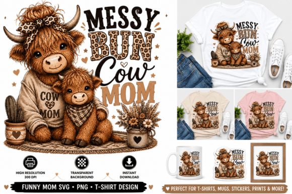Messy Bun Cow Mom Graphic Design Asset for T-Shirt Designs